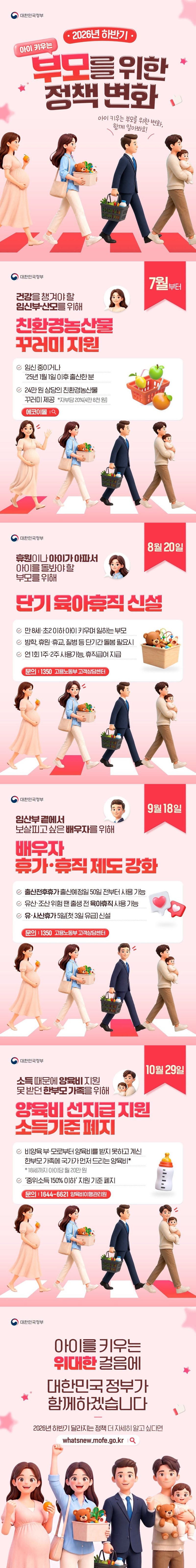 2026년 하반기 아이 키우는 부모를 위한 정책 변화 아이 키우는 부모를 위한 변화, 함께 알아봐요! ■ 건강을 챙겨야 할 임신부·산모를 위해 친환경농산물 꾸러미 지원 - 7월부터 · 임신 중이거나 '25년 1월 1일 이후 출산한 분 · 24만 원 상당의 친환경농산물 꾸러미 제공 *자부담 20%(4만 8천 원) ☞ 에코이몰 ■ 휴원이나 아이가 아파서 아이를 돌봐야 할 부모를 위해 단기 육아휴직 신설 - 8월 20일 · 만 8세·초2 이하 아이 키우며 일하는 부모 · 방학, 휴원·휴교, 질병 등 단기간 돌봄 필요 시 · 연 1회 1주·2주 사용 가능, 휴직급여 지급 ☞ 문의: ☎1350 고용노동부 고객상담센터 ■ 임산부 곁에서 보살피고 싶은 배우자를 위해 배우자 휴가·휴직 제도 강화 - 9월 18일 · 출산전후휴가 출산예정일 50일 전부터 사용 가능 · 유산·조산 위험 땐 출생 전 육아휴직 사용 가능 · 유·사산휴가 5일(첫 3일 유급) 신설 ☞ 문의: ☎1350 고용노동부 고객상담센터 ■ 소득 때문에 양육비 지원 못 받던 한부모 가족을 위해 양육비 선지급 지원 소득기준 폐지 - 10월 29일 · 비양육 부·모로부터 양육비를 받지 못하고 계신 한부모 가족에 국가가 먼저 드리는 양육비* *18세까지 아이당 월 20만 원 · '중위소득 150% 이하' 지원 기준 폐지 ☞ 문의: ☎1644-6621 양육비이행관리원 아이를 키우는 위대한 걸음에 대한민국 정부가 함께하겠습니다. 2026년 하반기 달라지는 정책 더 자세히 알고 싶다면 